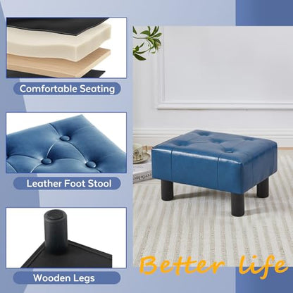 Small Foot Stool Ottoman, Faux Leather Footstool Ottoman Foot Rest for Couch, Rectangle Footstools and Ottomans Small for Living Room, Entryway and Bedroom (Blue) - color: Blue (Faux Leather)