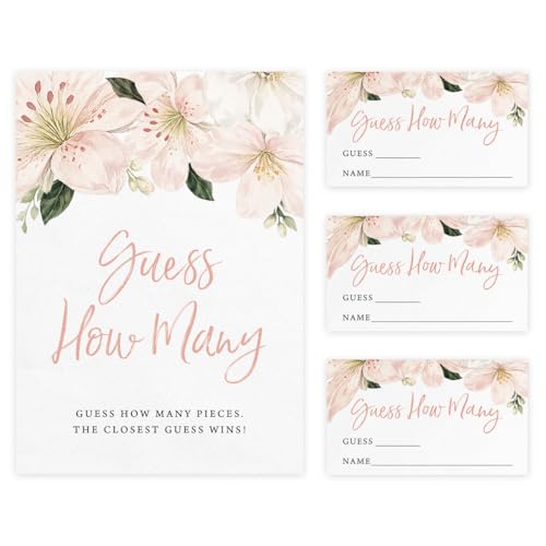 Printed Party Baby Shower Games for Girl - Guess How Many Game with Pink Floral Design, Baby in Bloom Party Supplies and Decor, 30 Cards with Matching Table Display Sign - color: In Bloom Wildflower