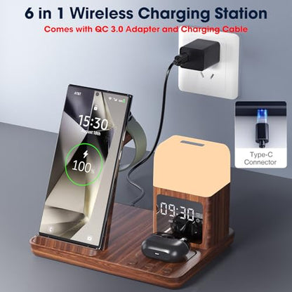 Wireless Charger for Samsung/Android, 6 in 1 Phone Nightstand Charging Station Charger with Alarm Clock/Night Light for Samsung S26/S25/S24 Ultra/Buds4,Watch Charger for Galaxy Watch 8/7/6/5 - color: Woodgrain