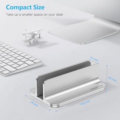 OMOTON Vertical Laptop Stand Holder, Desktop Aluminum Stand for MacBook with Adjustable Dock Size, Fits All MacBook, Surface, Chromebook and Gaming Laptops (Up to 17.3 inches), Silver - color: Silver