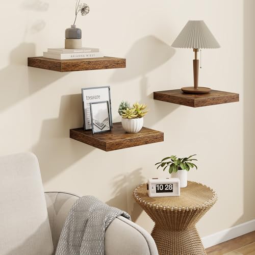 Square Floating Shelves for Wall, 9.25"W x 9.25"D x 1.25"H, 3 Pack Small Wall Mounted Engineered Wood Shelves with Invisible Brackets for Living Room, Bedroom, Bathroom, Kitchen Decor, Rustic Brown - color: Rustic Brown With Invisible Metal Brackets, size