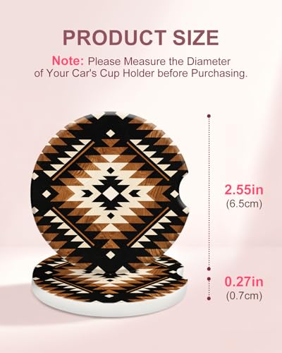 Swooflia Car Coasters for Women - Native Plaid Car Cup Coasters Absorbent Cup Holder Coasters for Car 2 Pcs Ceramic Car Cupholder Coaster with Cork Base Car Interior Accessories - color: Brown Tribal Plaid