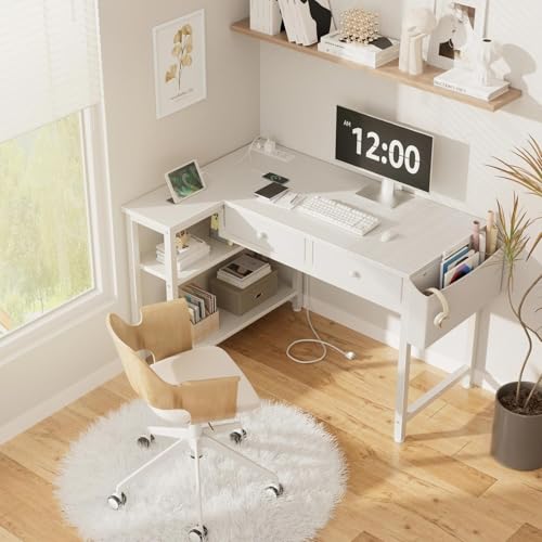 DLisiting Small White L Shaped Desk with Drawers & Storage Shelves, 40 Inch Corner Desk with Power Outlet for Small Space Home Office, Study Work PC Desks for Bedroom - color: White, size: 39.4''