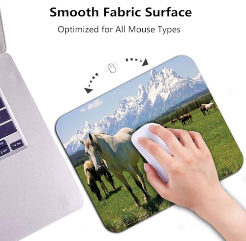 Horses Grazing Mouse Pad, National Park Landscape Lush Meadow Desk Mat | Nature Snowy Idyllic Mountain Peaks, Anti-Slip Rubber Base, Silky Smooth Surface, Cute Office/Gaming Mousepad - color: Color_CNt