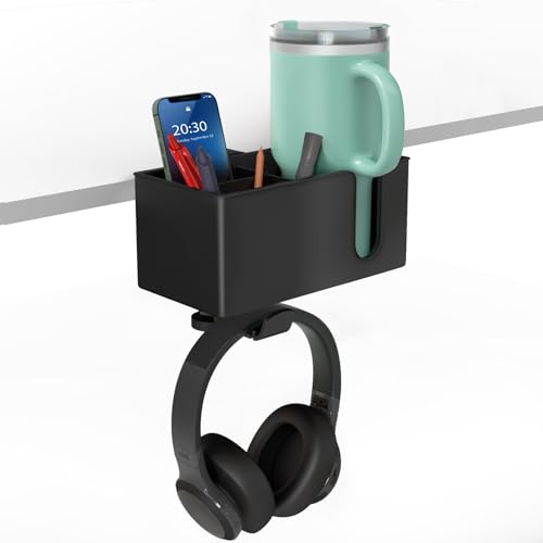 OOKUU 4-in-1 Desk Organizer- Large Desk Cup Holder Clamp with Headphone Stand, Pencil Holder and Phone Stand - Detachable, Rotating Hanger, Office & PC Gaming Accessories for Cup, Phone and Pen - color: Black, size: 4 in 1, Large, 7.87"×3.8"