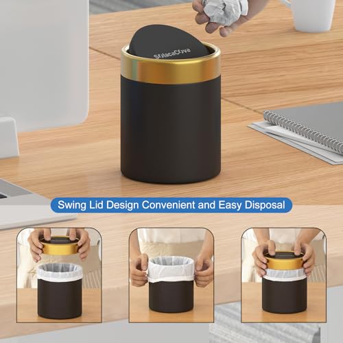 Desktop Trash can with Lid,0.4 Gal Stainless Steel Counter Top Trash Can Mini Bathroom Trash Can for Car,Office,Kitchen,Desk,a Roll of Trash Bag(Black) - color: Black