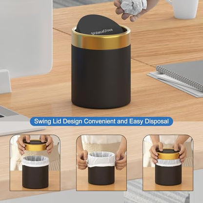 Desktop Trash can with Lid,0.4 Gal Stainless Steel Counter Top Trash Can Mini Bathroom Trash Can for Car,Office,Kitchen,Desk,a Roll of Trash Bag(Black) - color: Black
