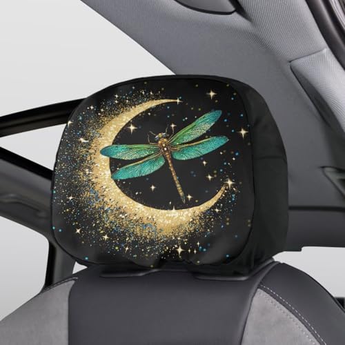 Moon Dragonfly Car Seat Headrest Covers Set 2 Pieces Cars Headrest Cover for Women Universal Head Rest Protector Covering for SUV Truck Vehicles,Easy to Install - color: Moon Dragonfly