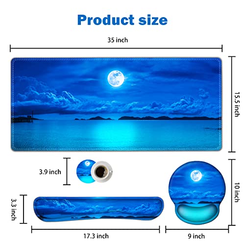 ARTSO Large Mouse Pad Set, Ergonomic Keyboard Wrist Rest Support, Memory Foam Gel Extended Non-Slip Desk Blotter Pad for Office, Home, Moon Blue Sea - color: Moon Blue Sea