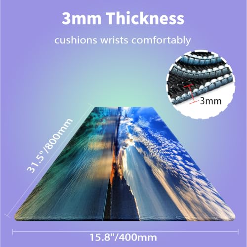 Large Gaming Mouse Pad (31.5" x 15.8")- Maldives Islands Paradise Majestic Tranquil Ocean Scene Mirrored Waters Overcast Clouds, Extra XXL Office Decor, Premium Stitched Anti-Slip Desk Mat - color: Blue Green