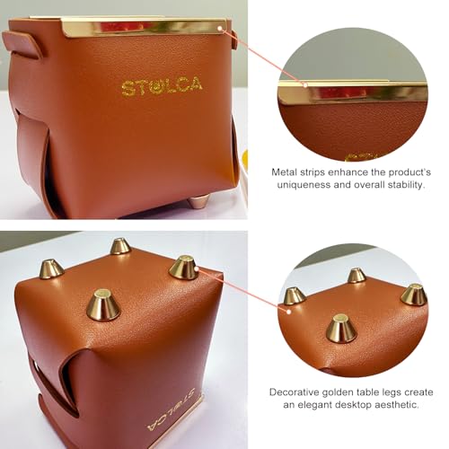 Pen Pencil Holder for Desk,Makeup Brush Holder Organizer for Desk, Brown Vegan Leather, Gold-Tone Accents, Stylish Desktop Organizer