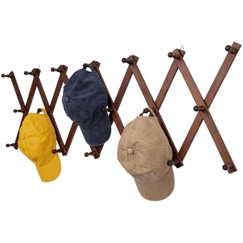 SCUNDA Accordion Wall Hanger with 20 Hooks, Expandable Wall Hat Display Rack, Wooden Wall Hook for Coat, Hats, Baseball Caps, Coffee Mug, Jewelry(Brown) - color: Brown, size: 20 Hooks
