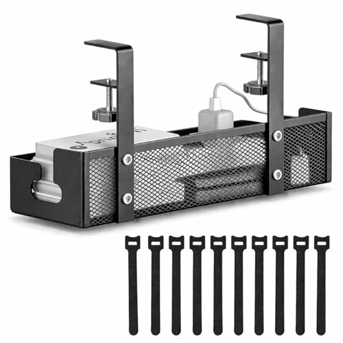 Under Desk Cable Management Tray, Metal Desk Cord Organizer, Adjustable Clamp, No Drill, Durable Desk Cable Organizer – 13.4'' - size: 13.4 inch