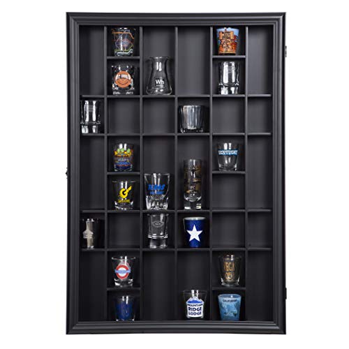 Gallery Solutions - Black Wall-Mounted - Curio & Shot Glass Display Case - 17"x26" Glass Door - Bar Accessories - Collectible - Miniature Glassware - Bar Accessories - color: Black, size: 17" x 26"