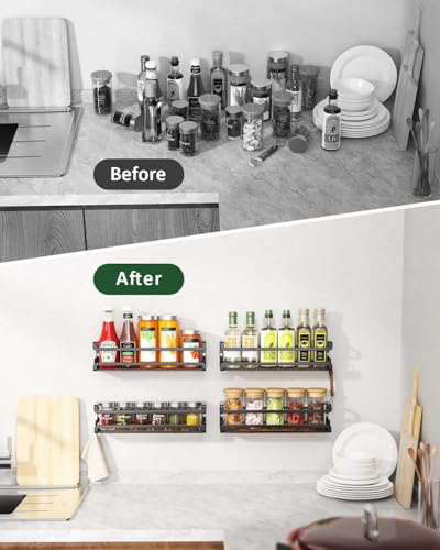 Doakhirmit Wall Mounted Spice Rack with 16 Hooks, Rustic Wood Spice Organizer Shelf for Stove Cabinet Pantry Door,Screw or Adhesive Hanging Spice Shelf,Wall Spice Rack in Kitchen and RV,6 Pack - size: 6 Pack