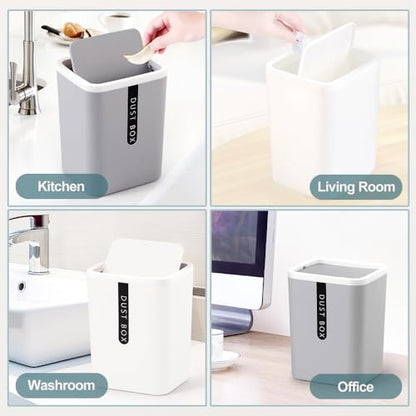 2Pcs Mini Trash Can with Lid, Plastic Mini Wastebasket with 5 Roll Trash Bags, Tiny Desktop Waste Garbage Bin for Kitchen Bathroom Office Home Desk Bedroom Vanity Tabletop(White+Grey)