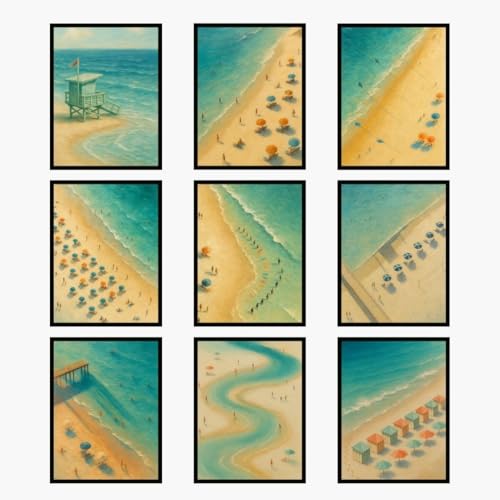Beach Poster Set of 9, Coastal Style Canvas Ocean Wall Art Prints, Relaxing Blue Beachy Décor for Bedroom, Living Room, or Dorm, Summer Seaside Home Decoration (Beach Decor Set of 9, 8x10 Unframed, Coastal Beach Wall Art Prints 9 Piece) - style: Beach Dec