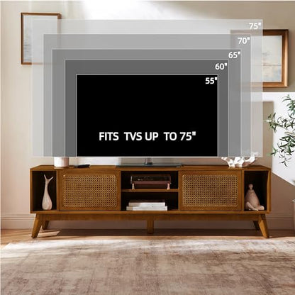 LKTART 68 Inch Mid Century Modern TV Stand with Rattan Doors,MCM Entertainment Center Media Console for 60/65/70/75 inch TVs,Long Boho Television Stand for Living Room,Light Walnut - color: 68" Light Walnut