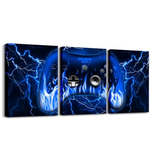 Feelyou Boys Gamer Canvas Wall Art for Living Room 12"x16" 3 Piece Game Controller Picture Wall Decor Gaming Office Wall Decorations Artwork Posters Blue Black Lightning Geometric Square Wall Painting - color: Blue and Black1