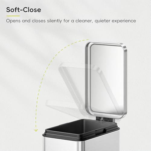 EKO Small Bathroom Trash Can with Lid Soft Close, Step Pedal, 10 Liter / 2.6 Gallon Stainless Steel Garbage Can with Removable Inner Bucket, Anti-Fingerprint Finish (Silver) - color: Stainless Steel, size: 10L