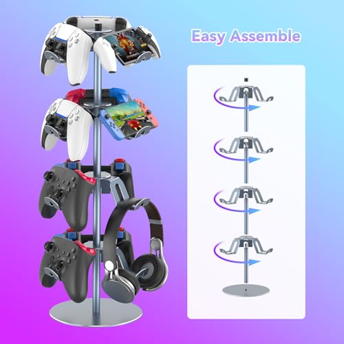 4-Tier 360°Rotating Controller Stand for PS5/Xbox/Switch/PS4 | Aluminum Game Controller Heaset Holder for Desk, 12 Hangers to Place, Spinning Controller Organizer Rack, Grey - color: Grey