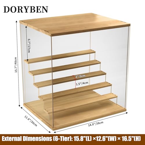 Acrylic Display Case with Adjustable LED Light, 6 Tier Clear Display Box Dustproof Showcase for Action Figures, Collectibles and Mini Toys, Assembly Display Cabinet(Wood 15.5*12.5*16.7in) - color: Wood, size: 6 Tier 15.8×12.5×16.5in