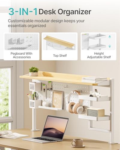 PEGZONE Clamp on Desk Shelf, 44" Desktop Shelving System, White | with Pegboard and Accessories, Desktop Organizer with 2-Tier Shelf, Desk Pegboard for Gaming Office - color: White
