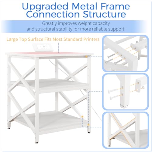 METYERRY Large Printer Stand with Power Outlet, with Height Adjustable Storage Shelf, 3 Tier Rolling Printer Cart with Industrial Wheels, 23.6 x 23.6 Inches Printer Table for Home Office, White - color: White