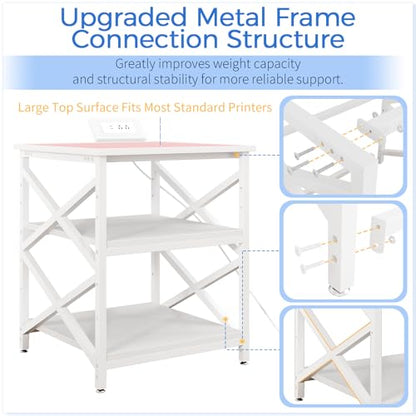 METYERRY Large Printer Stand with Power Outlet, with Height Adjustable Storage Shelf, 3 Tier Rolling Printer Cart with Industrial Wheels, 23.6 x 23.6 Inches Printer Table for Home Office, White - color: White