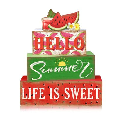 Britimes 4 Pcs Summer Wooden Tiered Tray Decor Set, Sweet Watermelon Table Decor Life is Sweet Farmhouse Rustic Wooden Coffee Table Centerpieces for Home Kitchen Office Decorations (Watermelon Style) - style: Watermelon