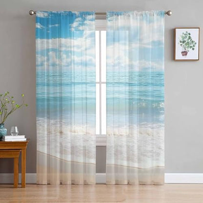 Ocean Beach Theme Sheer Curtains 63 Inch Length 2 Panels Set for Living Room/Bedroom, Tropical Sea Sky View Beach House Theme Semi Curtain Sheers Drapes Rod Pocket Curtains Window Treatment Set - color: Beach, size: 52"W x 63"L (Pack of 2)