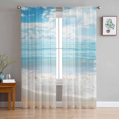Ocean Beach Theme Sheer Curtains 63 Inch Length 2 Panels Set for Living Room/Bedroom, Tropical Sea Sky View Beach House Theme Semi Curtain Sheers Drapes Rod Pocket Curtains Window Treatment Set - color: Beach, size: 52"W x 63"L (Pack of 2)