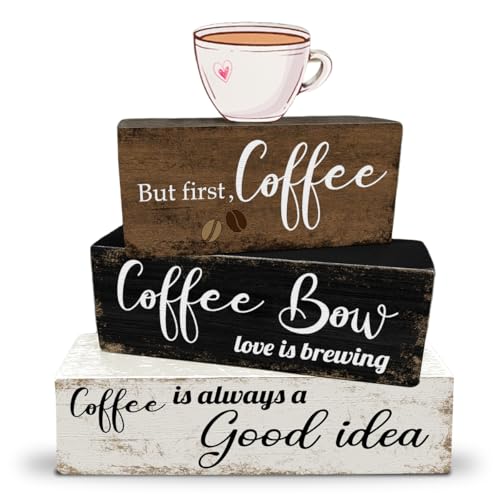 4 Pcs Wooden Coffee Table Decoration Rustic Tiered Tray Decor Retro Wood Block Sign Farmhouse Table Centerpiece for Home Kitchen Coffee Tabletop Bookshelf Mantel Shelf Decor - color: Coffee
