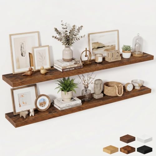 Fun Memories 72 Inch Fireplace Mantel Shelf, 10 Inch Deep Shelves for Display & Wall Storage, Rustic Wood Wall Shelf, Extra Long Floating Shelves for Living Room Laundry Room, Rustic Brown, Set of 2 - color: Brown Color, size: 72W x 10D x 1.5H