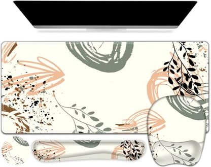 Large Mouse Pad with Wrist Support 4 in1 Set, XXL Big Game Mousepad + Keyboard Wrist Rest+Mouse Wrist Rest+Coaster Ergonomic Gaming Mat for Home Office Table Computer I Modern Boho Leaves - color: Modern Boho Leaves