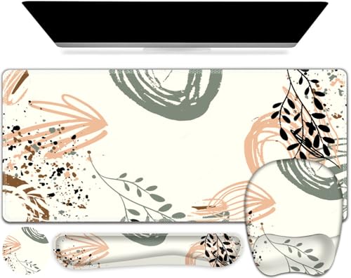 Large Mouse Pad with Wrist Support 4 in1 Set, XXL Big Game Mousepad + Keyboard Wrist Rest+Mouse Wrist Rest+Coaster Ergonomic Gaming Mat for Home Office Table Computer I Modern Boho Leaves - color: Modern Boho Leaves