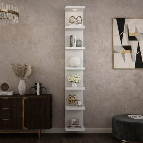 7 Tier Wall Shelf Unit,Black and White Lack Wall Shelf,Display Floating Shelf with LED Remote Control Light (White) - color: White