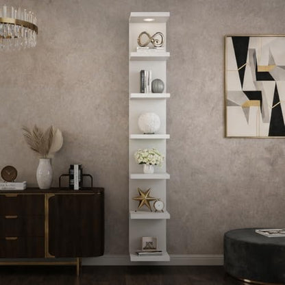 7 Tier Wall Shelf Unit,Black and White Lack Wall Shelf,Display Floating Shelf with LED Remote Control Light (White) - color: White
