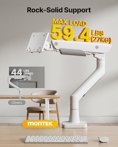 monTEK Sleek Aluminum Monitor Arm for 17–57” Ultrawide Screens up to 59.4 lbs, Heavy Duty Single Monitor Arm Desk Mount, Pneumatic Lift, Quick-Release Plate, Clamp/Grommet, Max VESA 100x100 - color: White, size: Single Arm without USB