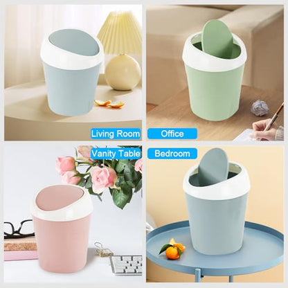 4 Pcs Plastic Mini Trash Can Wastebasket with 8 Rolls Trash Bags, Tiny Bathroom Trash Can with Swing lid, Small Countertop Waste Basket for Home Office Kitchen Vanity Tabletop