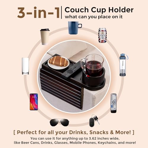 Couch Cup Holder Tray for Armrests Over 4.9" Wide, Bamboo Couch Arm Tray with 360° Rotating Phone Stand, 3 in 1 Foldable Sofa Arm Tray Table for Remote, Snacks, Phone, Drinks Black - color: Black+bamboo