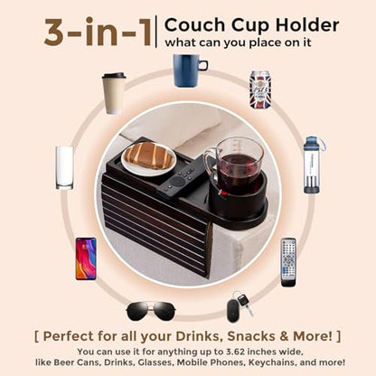 Couch Cup Holder Tray for Armrests Over 4.9" Wide, Bamboo Couch Arm Tray with 360° Rotating Phone Stand, 3 in 1 Foldable Sofa Arm Tray Table for Remote, Snacks, Phone, Drinks Black - color: Black+bamboo