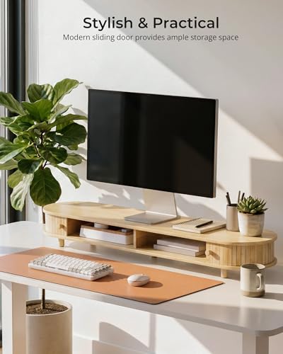 Bamboo Dual Monitor Stand with Storage, Curved Double Computer Laptop Stand Desk Shelf Organizer with Sliding Doors (42 inch) - color: Natural Bamboo, size: 42 inch