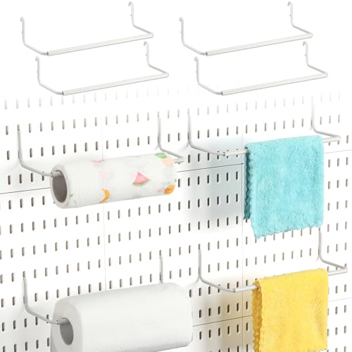 Yaocom 4 Pcs Paper Towel Holder for Pegboard Paper Towel Holder Pegboard Accessories Peg Board Hooks for Ribbon Towels Studio Workshop Stickers Tapes(White) - color: White