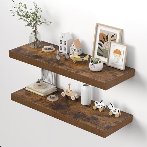 Dreamland 40" Floating Shelves for Wall, 12" Deep Thicker Floating Shelves, Wall-Mounted Shelves for Bedroom, Living Room, Kitchen, Bathroom,Rustic Brown - Set of 2 - color: Rustic Brown, size: 40"W x 12"D x 2"H, Set of 2