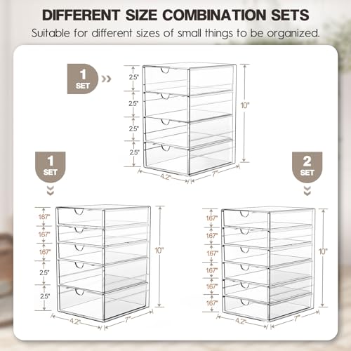 AMALEKO Acrylic Drawer Organizers - 21 Drawers 4 Set - Clear Storage Drawers for Office Supplies - Stackable Makeup Organizer - Dustproof Desk Organizers for Makeup, Jewelry, Pen, Stationary