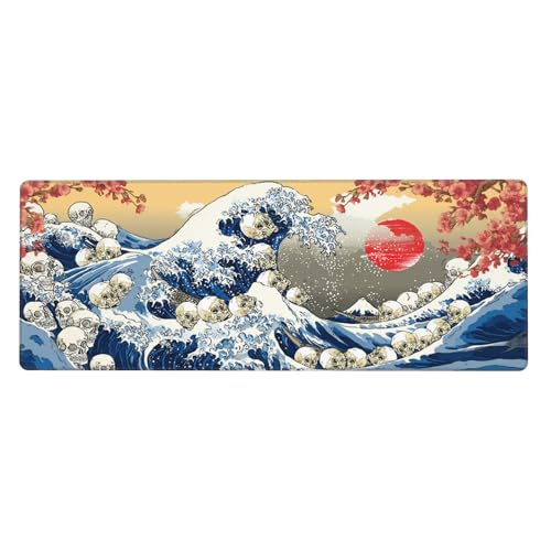 Japanese Waves Skull Mouse Pad Extended Large Gaming Mouse Pad XL Stitched Edges for Gamer Home Office 31.5 X 11.8 Inch - color: Waves Skull