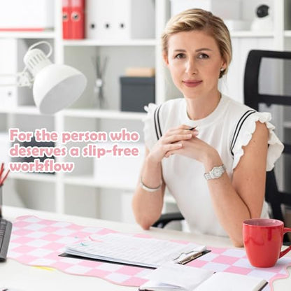 Copkim 1 Pcs Pink Scalloped Checkered Desk Mat 31.5 x 11.8 Inch Large Cute Mouse Pad Computer Mat Non Slip Waterproof Rubber Base with Border Stitching Soft Keyboard Pad for Home Office Gaming Makeup - color: Pink, style: Checkered