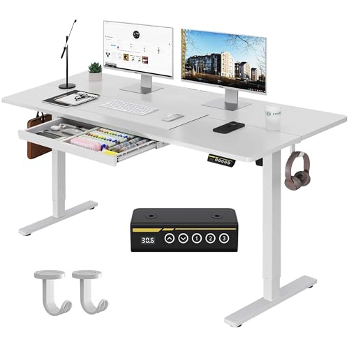Electric Standing Desk with Drawers,48x24 inches Height Adjustable Sit-Stand Desk with Storage Shelf,3 Preset Heights,Equipped with Hooks,Ergonomic Gaming Table for Home and Study，White - color: White, size: 48X24
