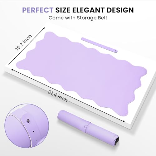 PU Leather Desk Pad, Scalloped Non-Slip Mouse Pad & Large Desk Mat Cover Stitched Edges Writing Pad for Office, Home - Waterproof, Easy to Clean, Durable Surface I 31.4"x15.7", Purple - color: Purple